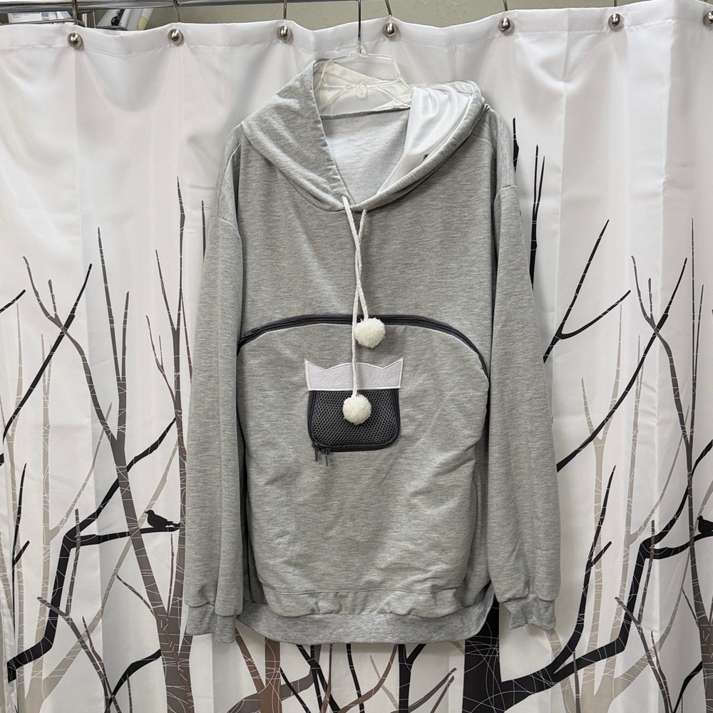 Cozy Grey Hoodie for Cats with Pom-Pom Drawstrings & multiple openings